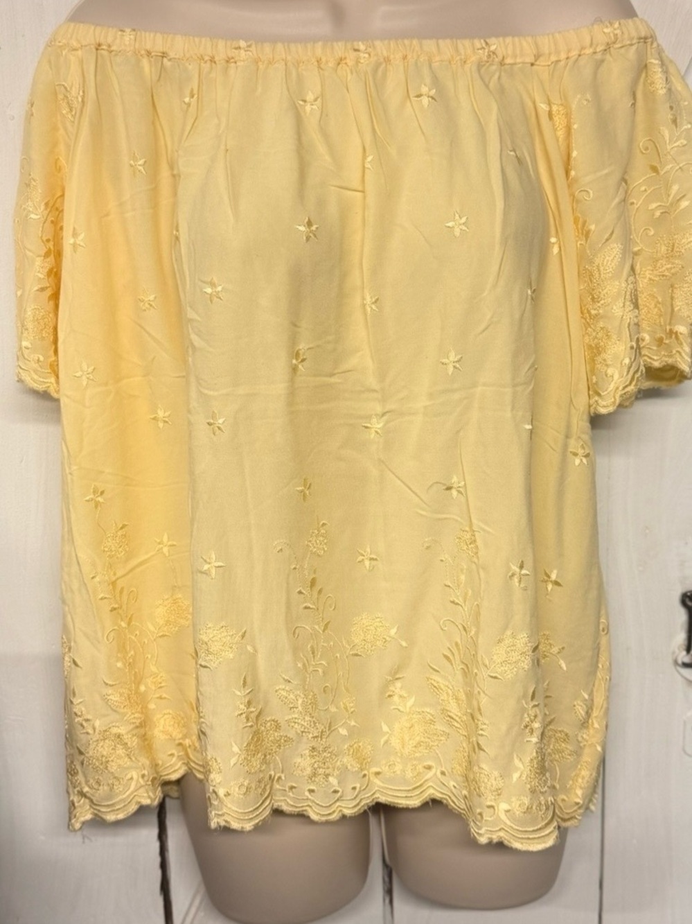 Yellow Angie embroidered on or off the shoulder blouse.